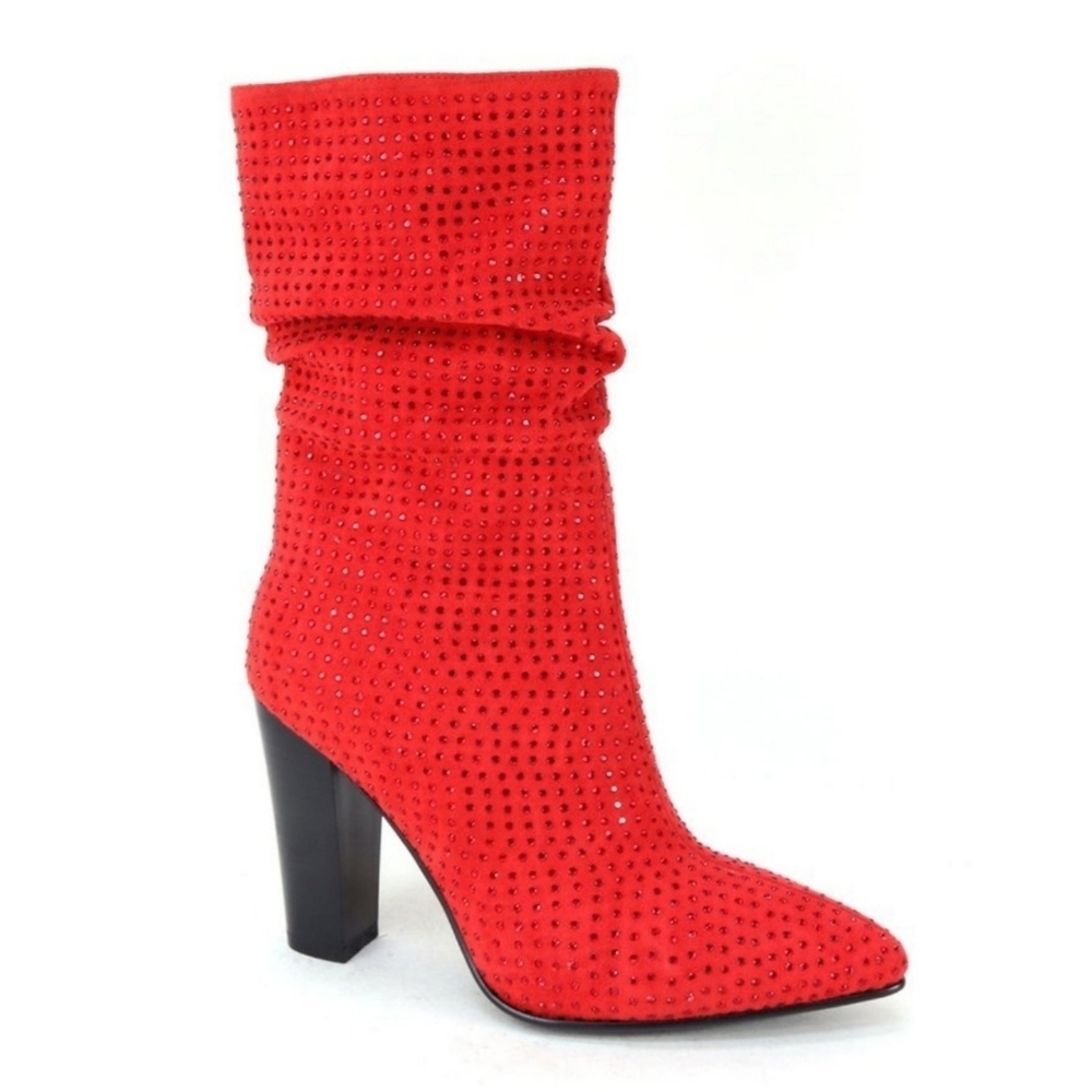 Red Rhinestone Embellished Ruched Ankle Boot Sz 7
